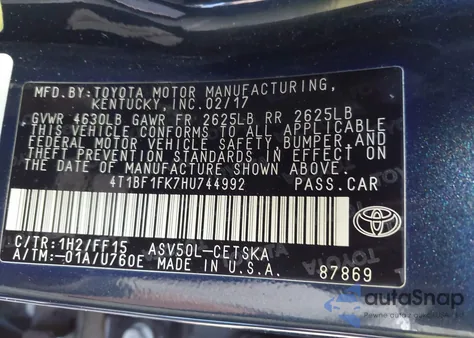 2017 Toyota Camry Se from USA, damaged, VIN 4T1BF1FK7HU744992